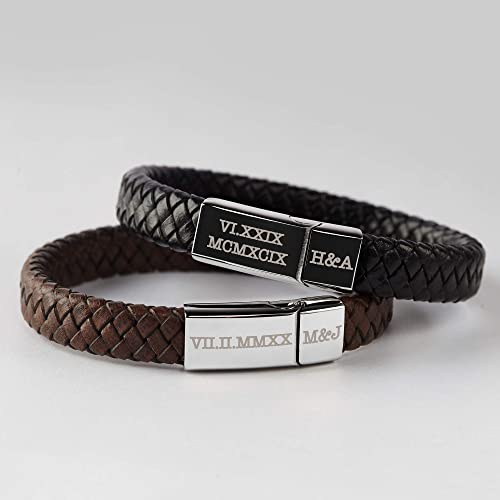 Load image into Gallery viewer, Roman Numerals Engraved Mens Bracelet, Woven Braided Leather Bracelet
