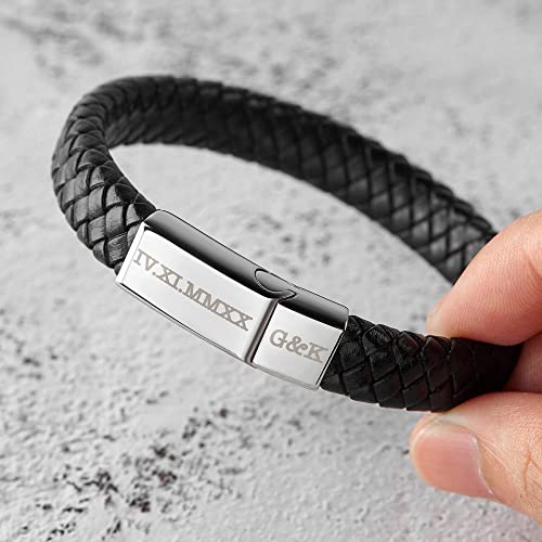 Load image into Gallery viewer, Roman Numerals Engraved Mens Bracelet, Woven Braided Leather Bracelet
