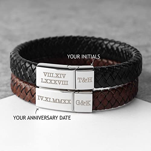 Load image into Gallery viewer, Roman Numerals Engraved Mens Bracelet, Woven Braided Leather Bracelet
