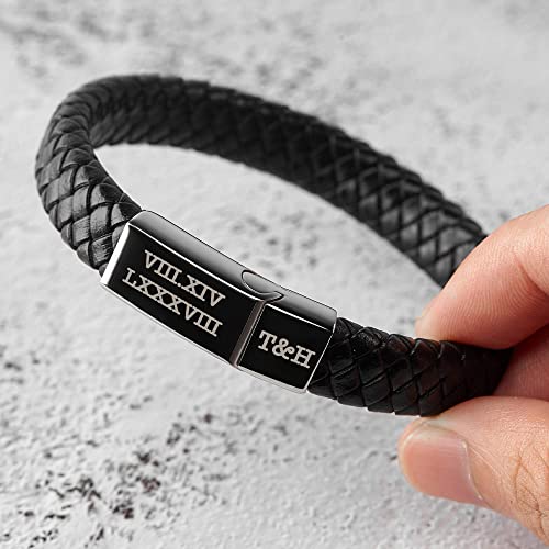 Load image into Gallery viewer, Roman Numerals Engraved Mens Bracelet, Woven Braided Leather Bracelet
