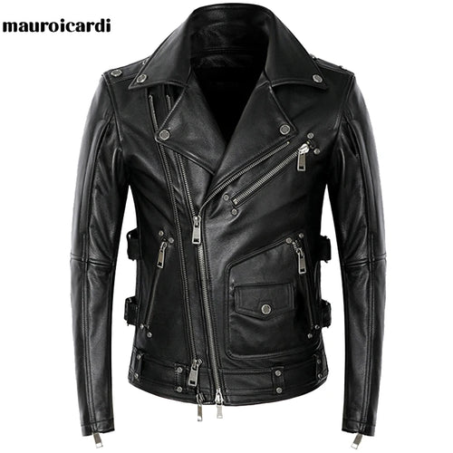 Load image into Gallery viewer, Mauroicardi Spring Autumn Black Pu Leather Biker Jacket for Men Style
