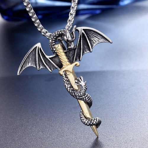 Load image into Gallery viewer, Flying Dragon With Sword Necklace
