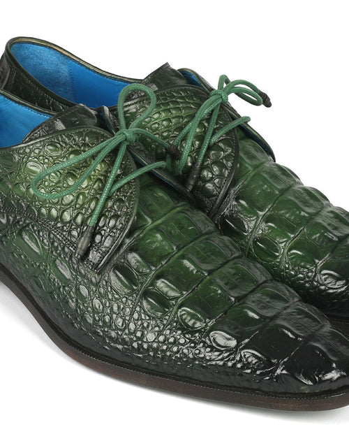 Load image into Gallery viewer, Paul Parkman Men&#39;s Green Croco Textured Leather Derby Shoes
