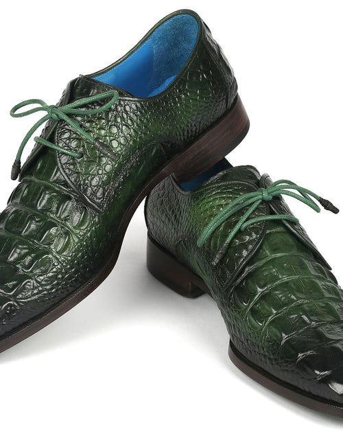 Load image into Gallery viewer, Paul Parkman Men&#39;s Green Croco Textured Leather Derby Shoes
