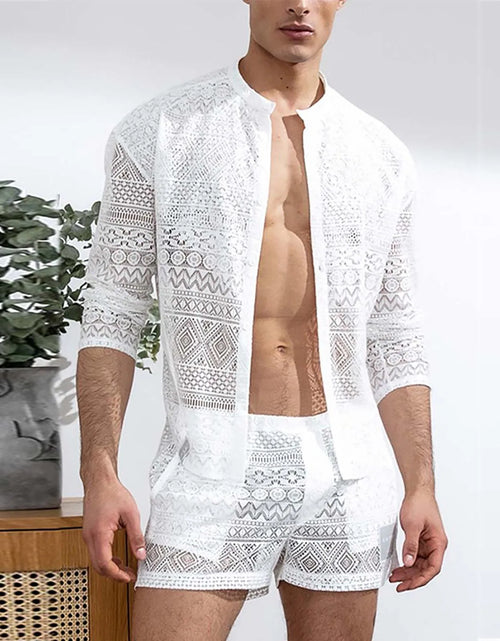 Load image into Gallery viewer, Sexy Lace Hollow Out Suit Fashion Long Sleeve Shirt Casual Shorts
