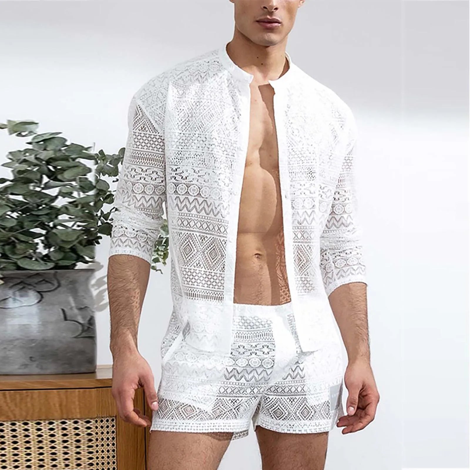 Sexy Lace Hollow Out Suit Fashion Long Sleeve Shirt Casual Shorts