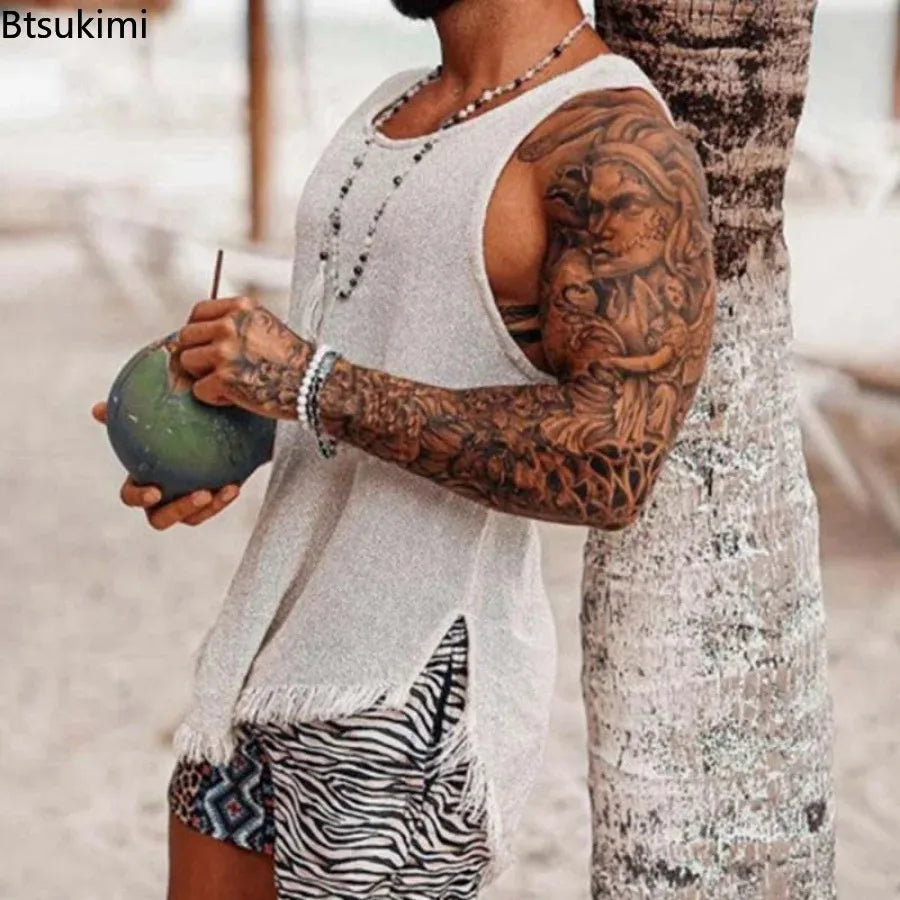 New 2024 Summer Vintage Ripped Knitted Tank Tops Men Slit Design Vest