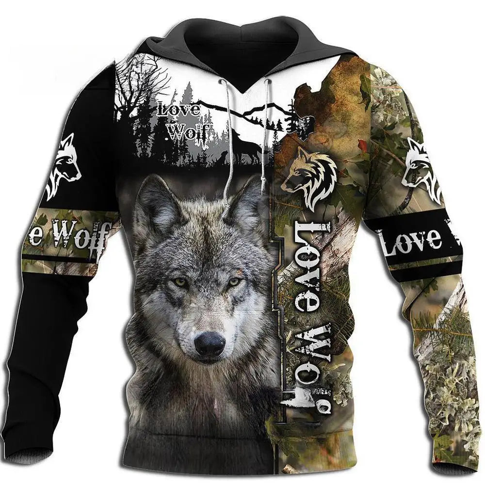 New Wolf Hooded Sweatshirts Men's Clothing Casual With 3D Printed Long