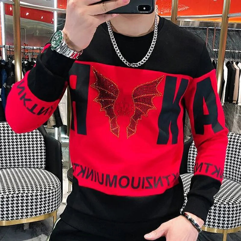 Stylish Loose Spliced Printed Letter Diamonds T-Shirt Men's Clothing