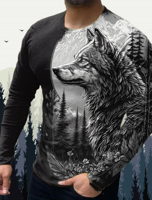 Men's T Shirts Vintage Animal Wolf Long Sleeve Tops Autumn Sweatshirt