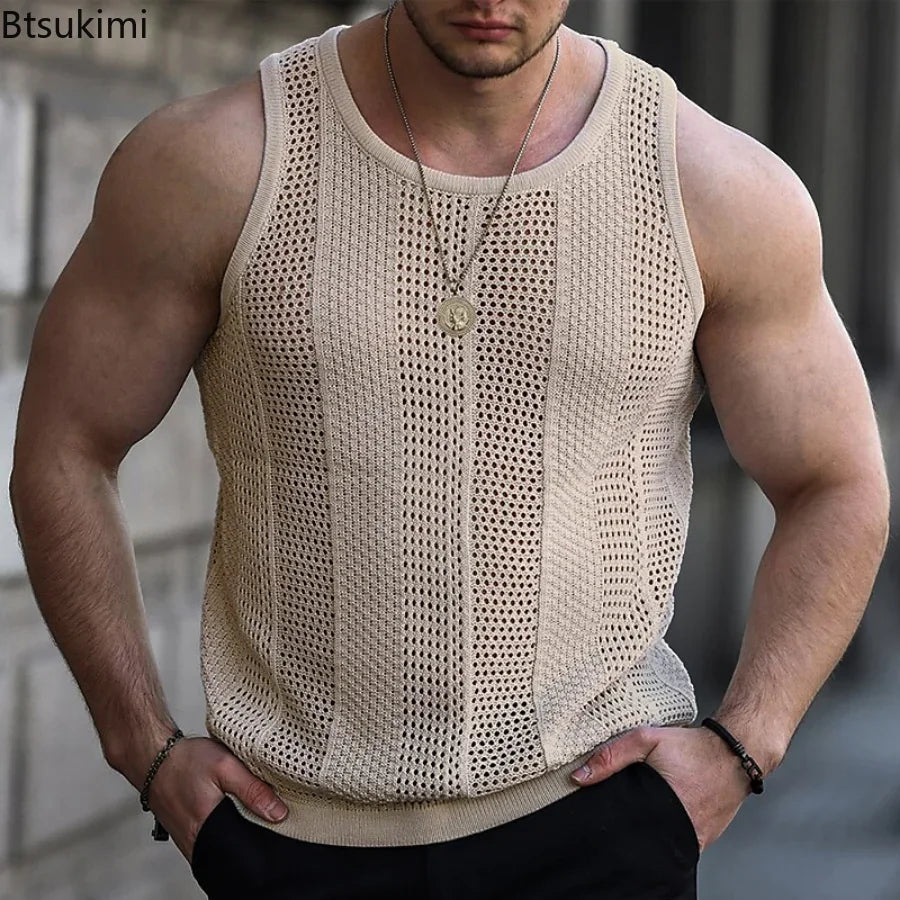 2024 Men's Summer Tank Top Lace Hollow Out Sleeveless Shirts Male