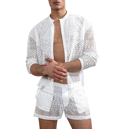 Load image into Gallery viewer, Sexy Lace Hollow Out Suit Fashion Long Sleeve Shirt Casual Shorts
