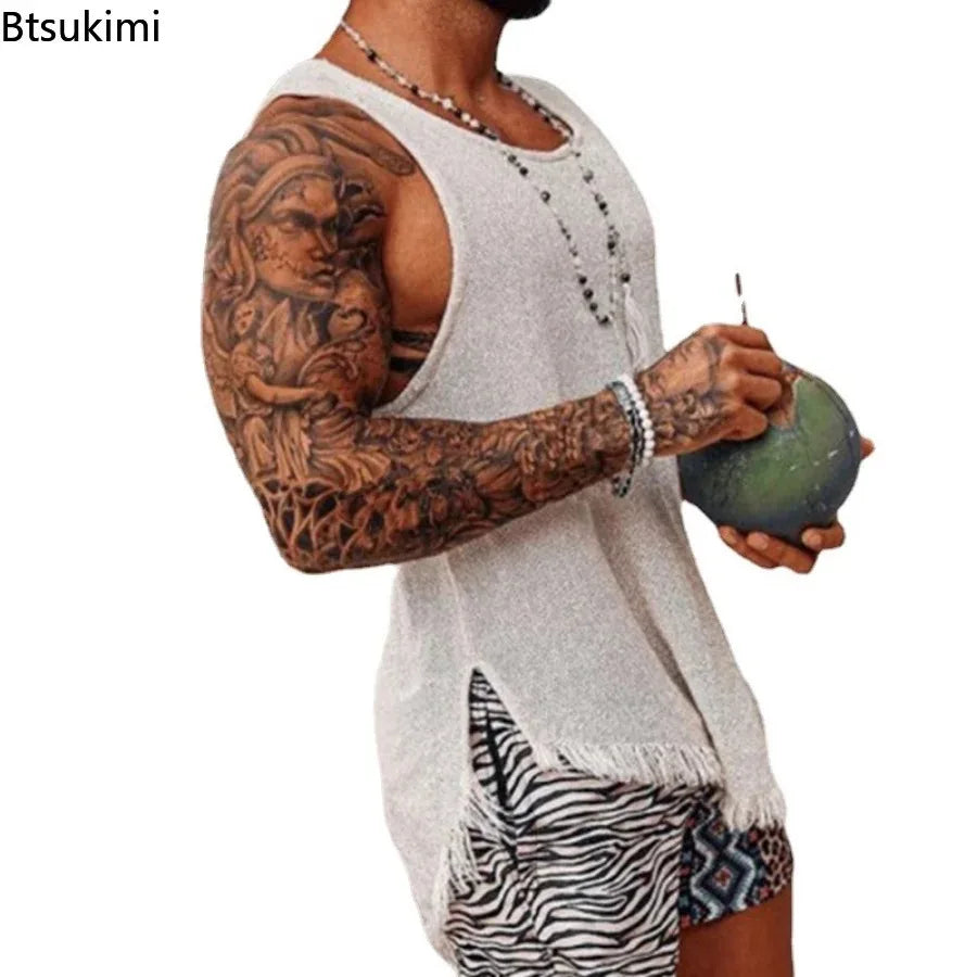 New 2024 Summer Vintage Ripped Knitted Tank Tops Men Slit Design Vest