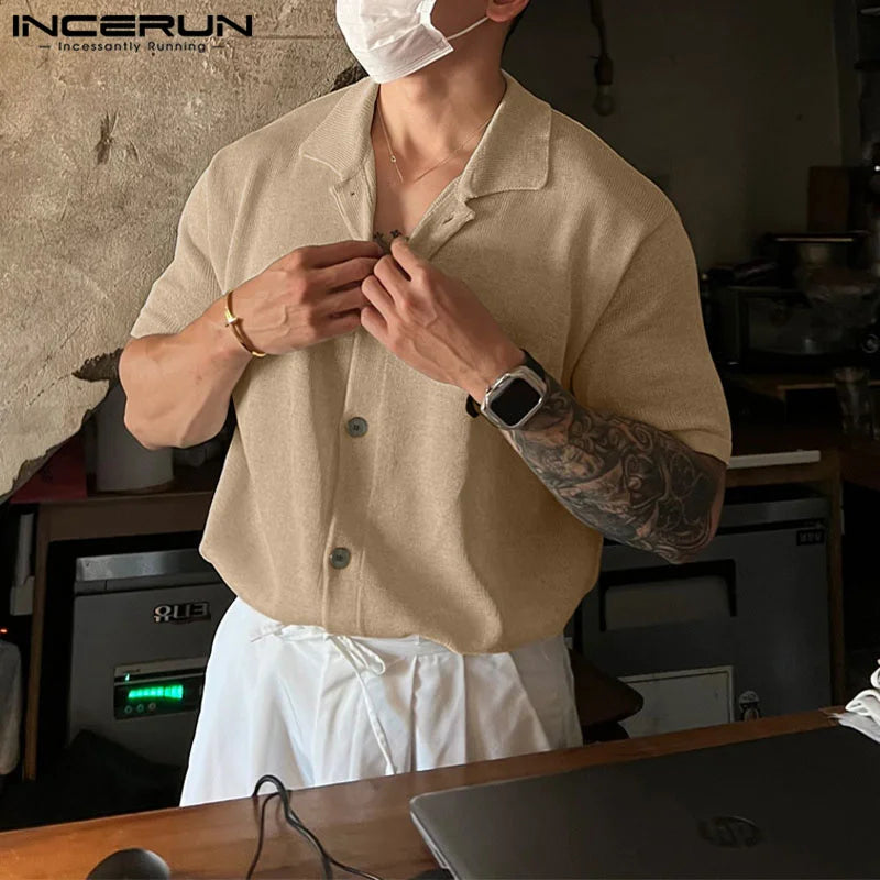 INCERUN Men Shirt Solid Color 2023 Lapel Short Sleeve Korean Style Men