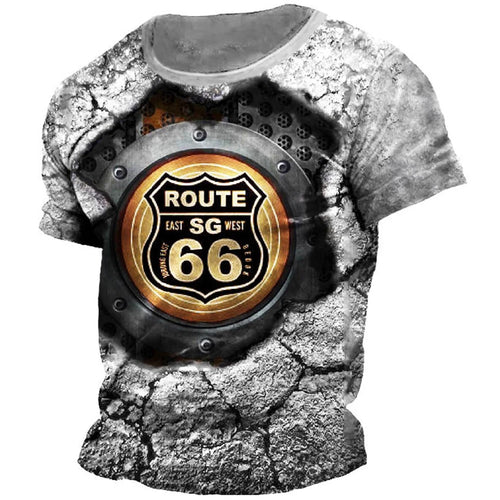 2023 Summer T-Shirt Men Vintage Print 3D American Route 66 T Shirt