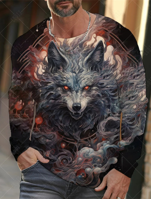 Men's T Shirts Vintage Animal Wolf Long Sleeve Tops Autumn Sweatshirt