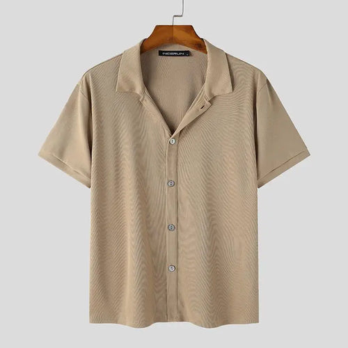 INCERUN Men Shirt Solid Color 2023 Lapel Short Sleeve Korean Style Men