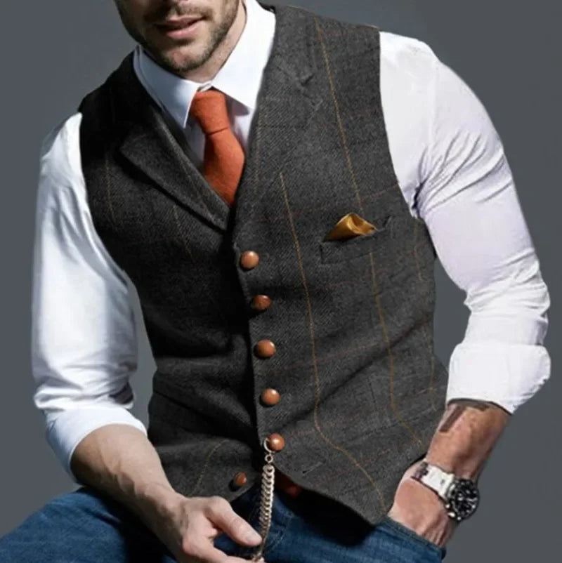 Men's Retro Suit Vest Fashion Plaid Lapel Single-breasted Waistcoat