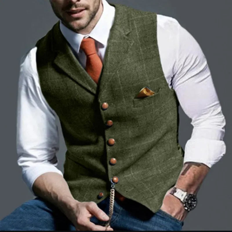 Men's Retro Suit Vest Fashion Plaid Lapel Single-breasted Waistcoat