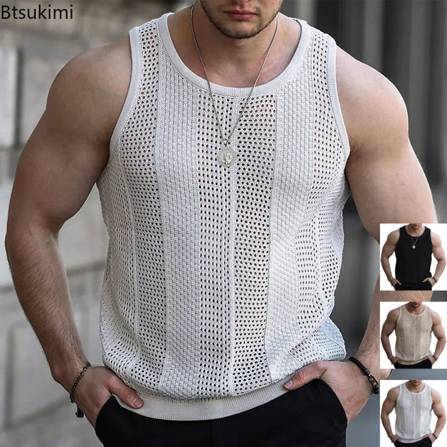 2024 Men's Summer Tank Top Lace Hollow Out Sleeveless Shirts Male