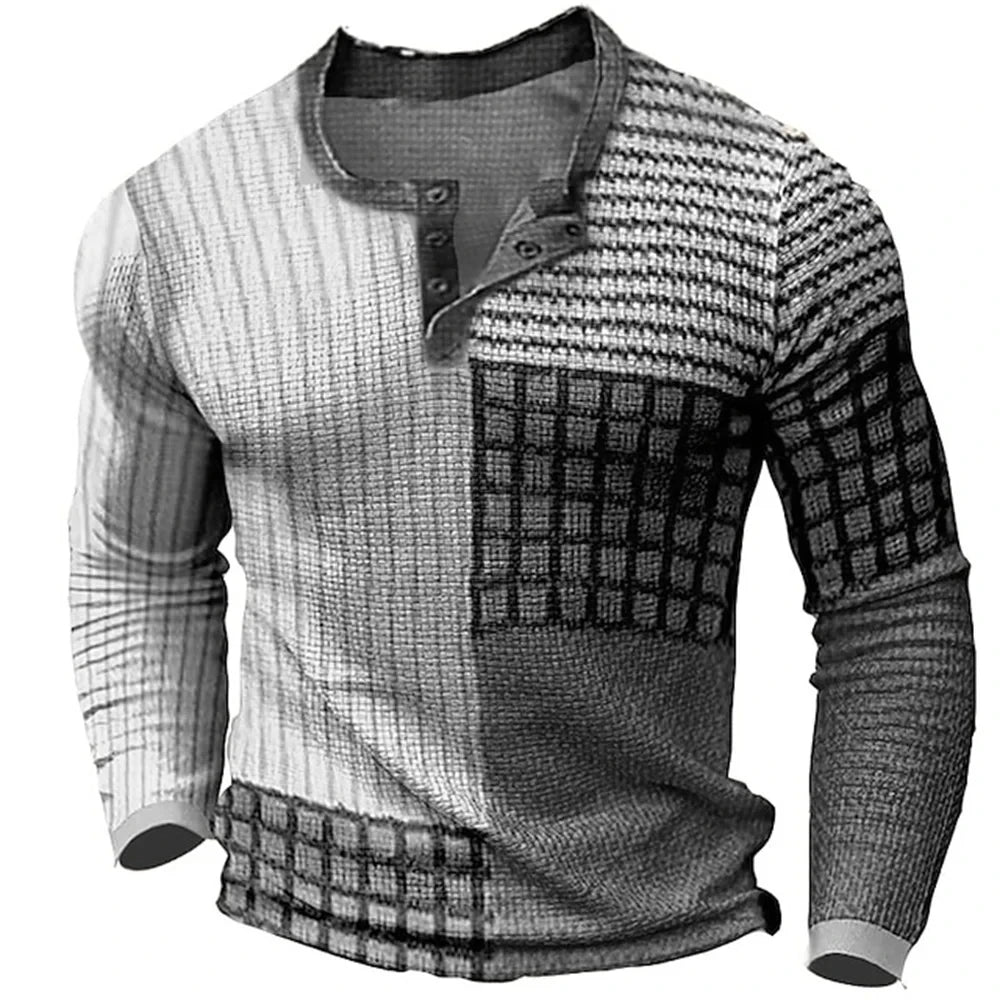 New Color Block Patchwork 3D Printed Henley Shirts Men's Fashion