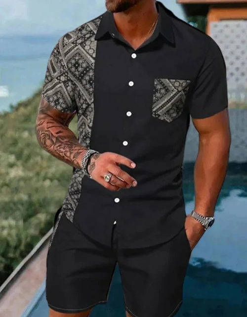 Load image into Gallery viewer, Men Sets 3d Print Patchwork Lapel Short Sleeve Casual Shirt Beach
