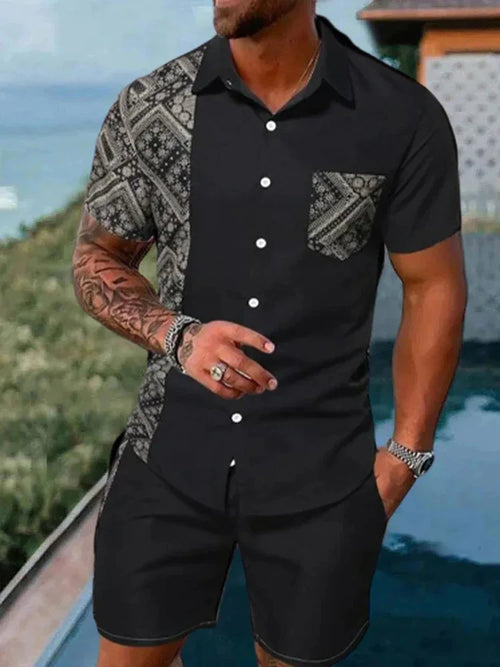 Men Sets 3d Print Patchwork Lapel Short Sleeve Casual Shirt Beach