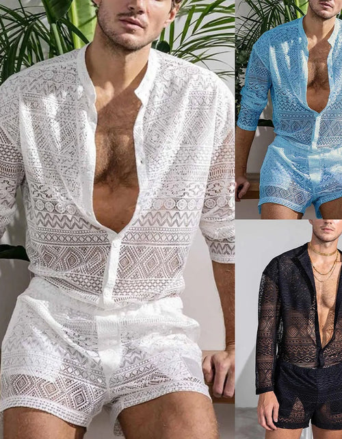 Load image into Gallery viewer, Sexy Lace Hollow Out Suit Fashion Long Sleeve Shirt Casual Shorts
