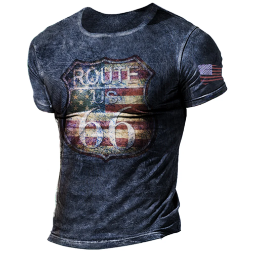 2023 Summer T-Shirt Men Vintage Print 3D American Route 66 T Shirt