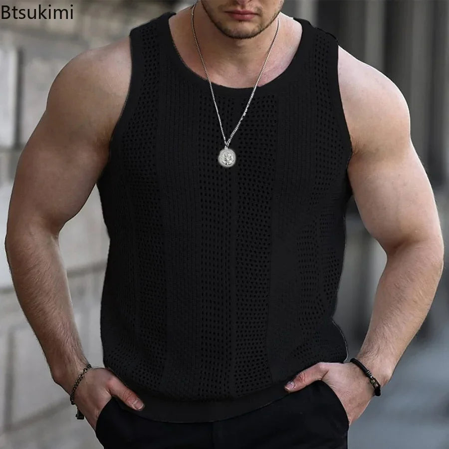 2024 Men's Summer Tank Top Lace Hollow Out Sleeveless Shirts Male