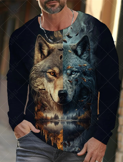 Men's T Shirts Vintage Animal Wolf Long Sleeve Tops Autumn Sweatshirt