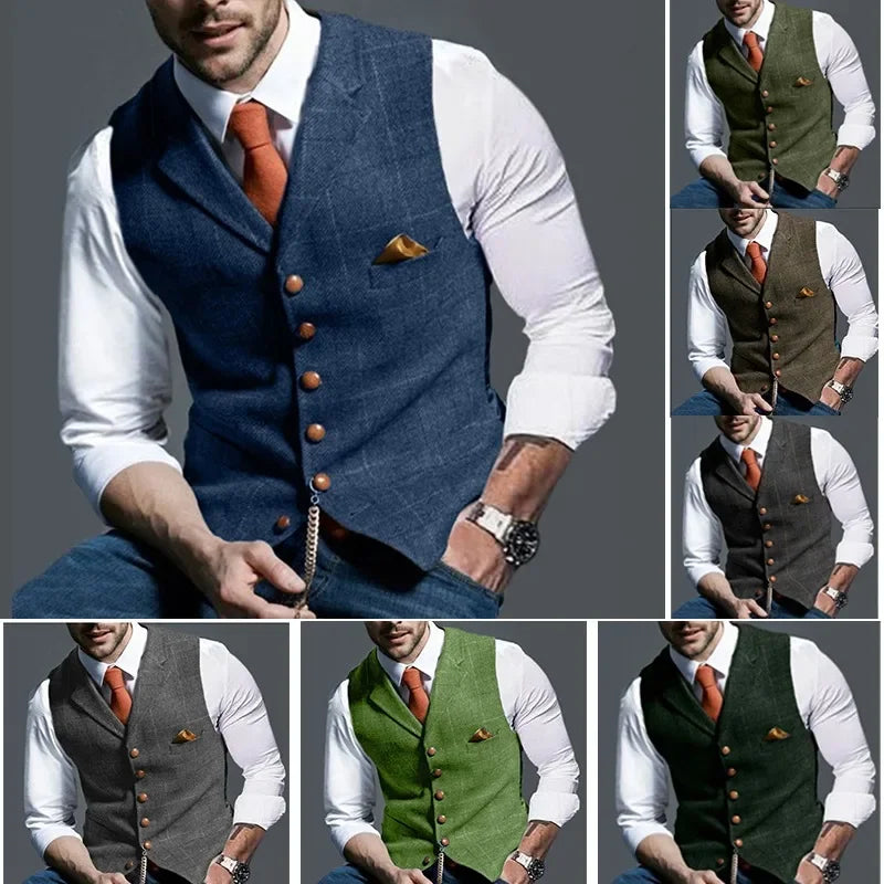 Men's Retro Suit Vest Fashion Plaid Lapel Single-breasted Waistcoat