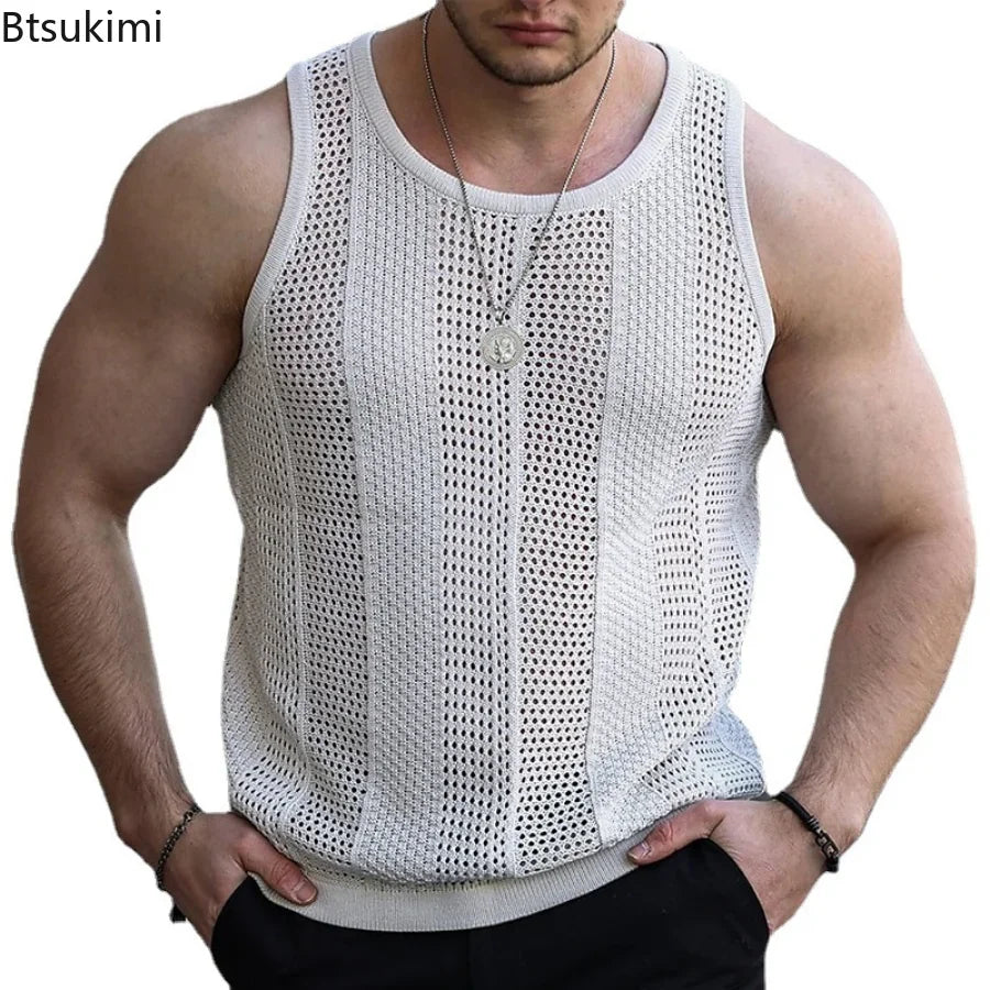 2024 Men's Summer Tank Top Lace Hollow Out Sleeveless Shirts Male