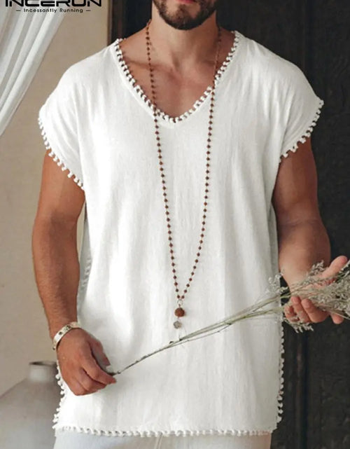 Load image into Gallery viewer, INCERUN 2023 Men T Shirts V Neck Sleeveless Tassel Solid Color Casual
