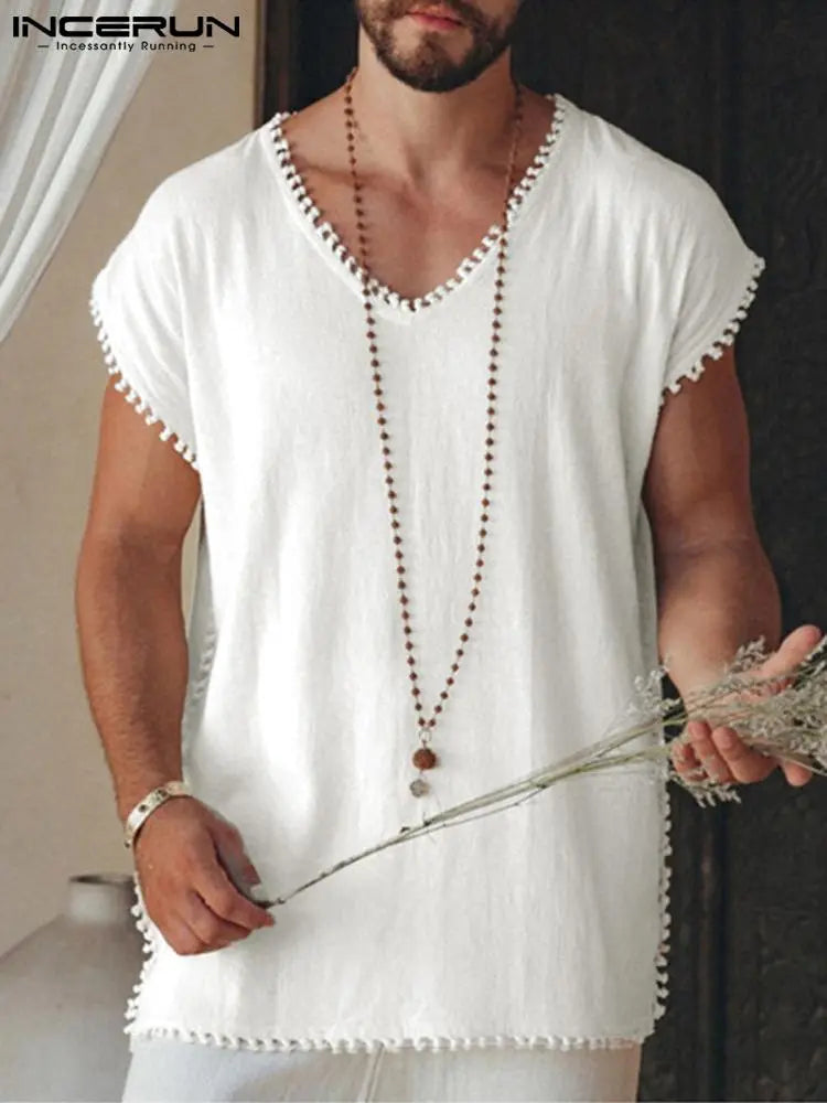 INCERUN 2023 Men T Shirts V Neck Sleeveless Tassel Solid Color Casual