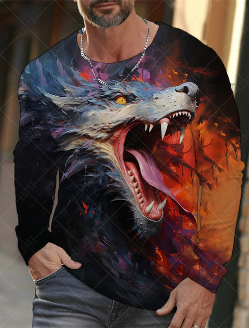 Men's T Shirts Vintage Animal Wolf Long Sleeve Tops Autumn Sweatshirt