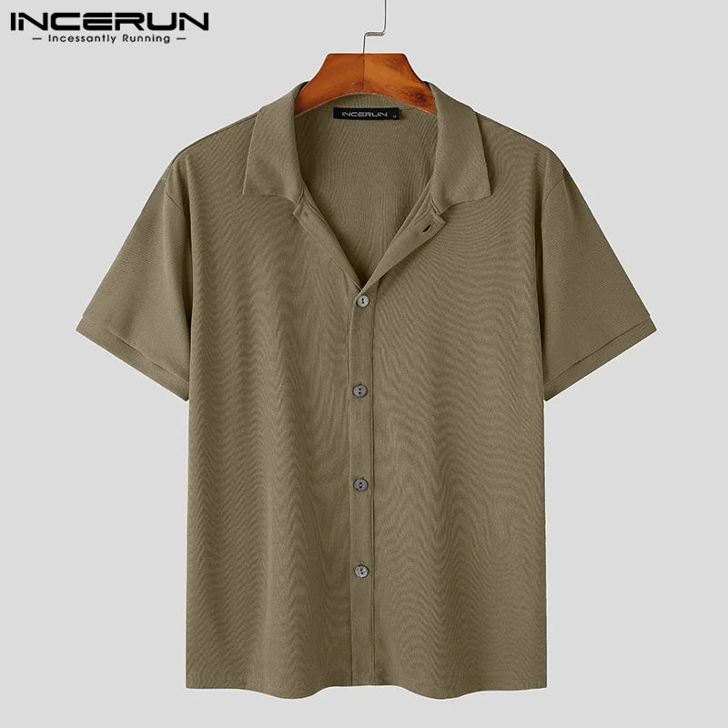 INCERUN Men Shirt Solid Color 2023 Lapel Short Sleeve Korean Style Men