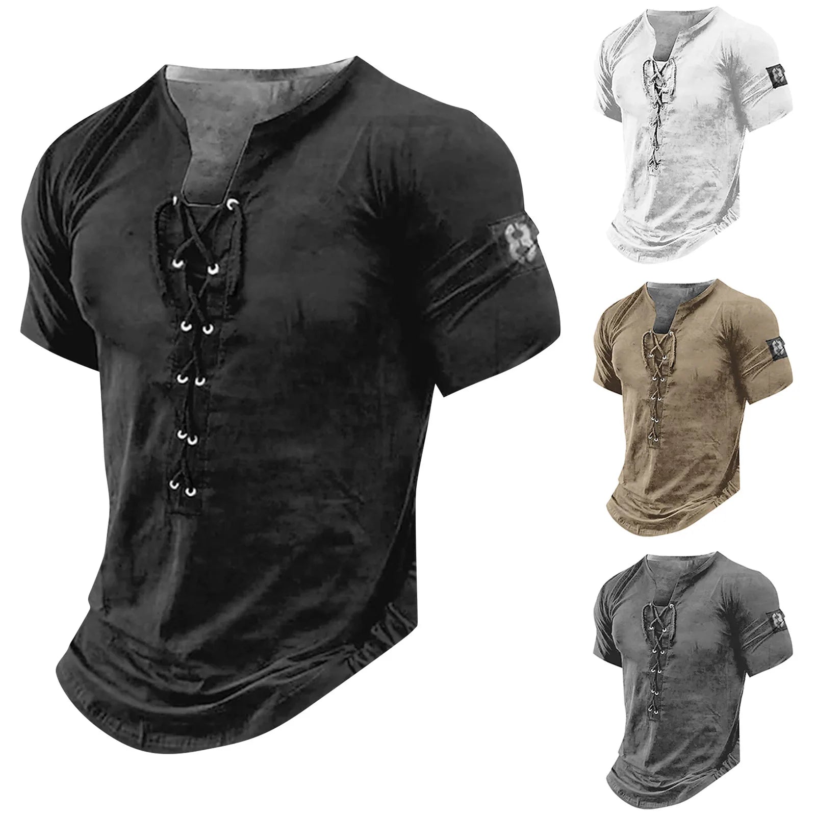 Men Henley Collar T Shirt V-Neck Short Sleeve Tops Breathable Tee