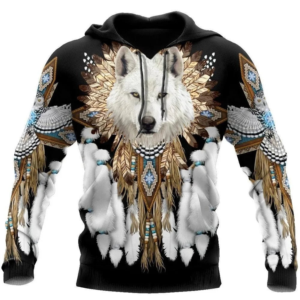 New Wolf Hooded Sweatshirts Men's Clothing Casual With 3D Printed Long