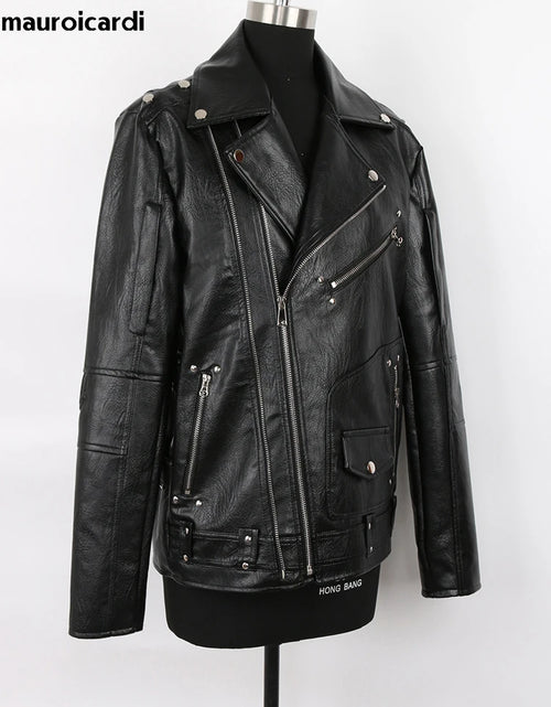 Load image into Gallery viewer, Mauroicardi Spring Autumn Black Pu Leather Biker Jacket for Men Style
