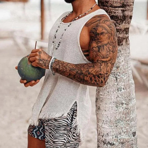 New 2024 Summer Vintage Ripped Knitted Tank Tops Men Slit Design Vest