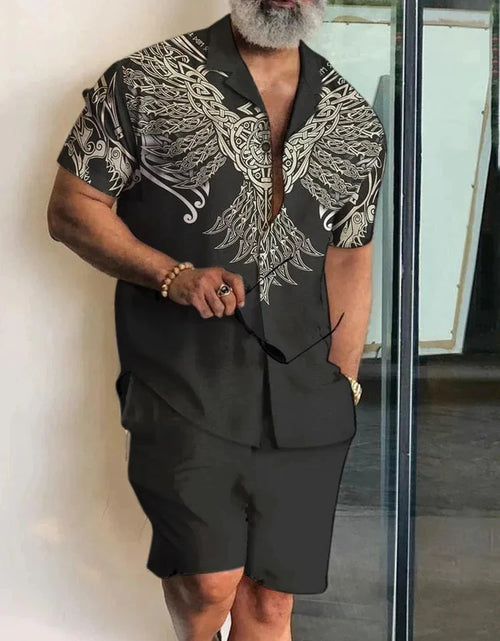 Load image into Gallery viewer, Men Sets 3d Print Patchwork Lapel Short Sleeve Casual Shirt Beach
