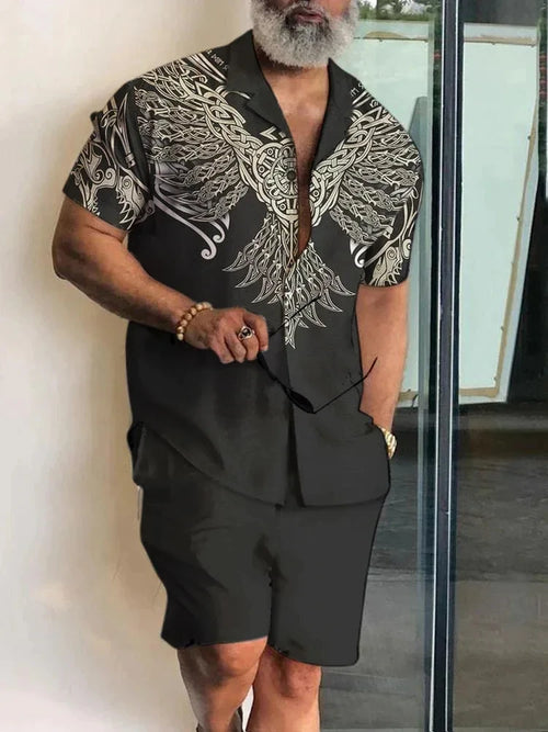 Men Sets 3d Print Patchwork Lapel Short Sleeve Casual Shirt Beach