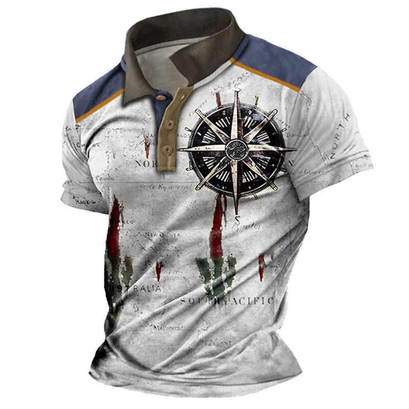 Men's Vintage Polo Shirts 3d Print Compass Shirt Lapel Male Casual