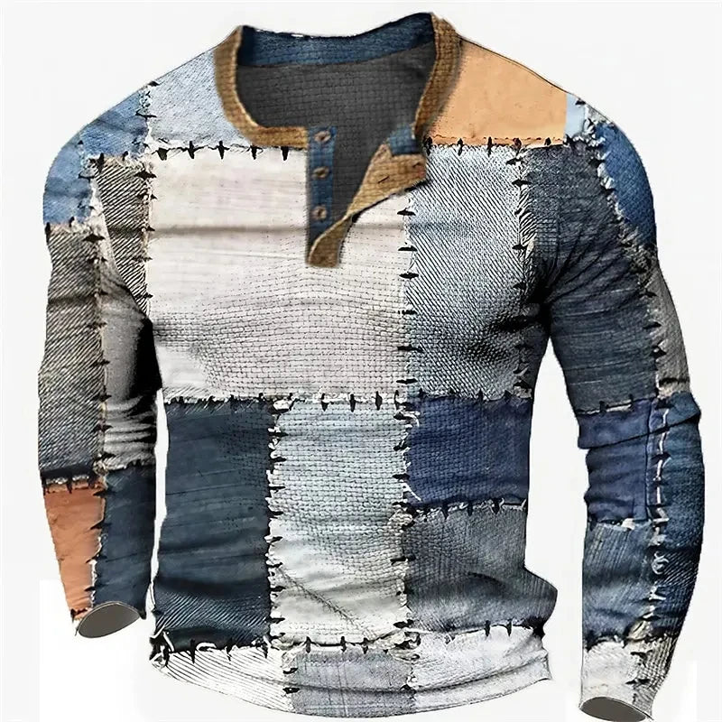 New Color Block Patchwork 3D Printed Henley Shirts Men's Fashion