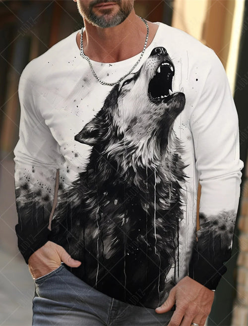 Men's T Shirts Vintage Animal Wolf Long Sleeve Tops Autumn Sweatshirt