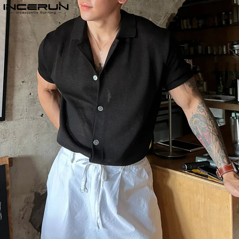 INCERUN Men Shirt Solid Color 2023 Lapel Short Sleeve Korean Style Men