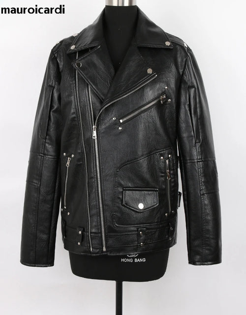 Load image into Gallery viewer, Mauroicardi Spring Autumn Black Pu Leather Biker Jacket for Men Style
