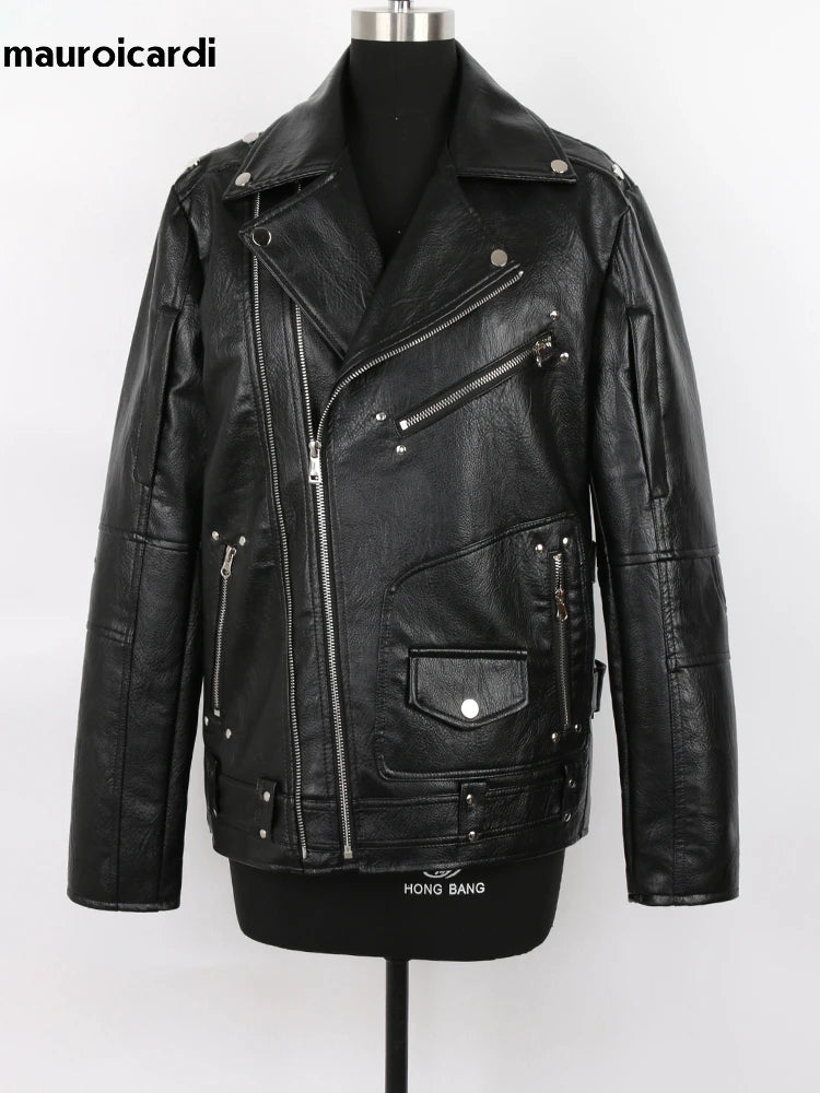 Mauroicardi Spring Autumn Black Pu Leather Biker Jacket for Men Style