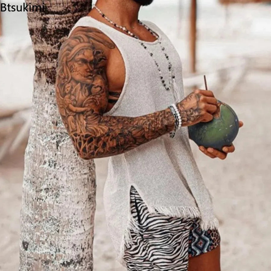 New 2024 Summer Vintage Ripped Knitted Tank Tops Men Slit Design Vest